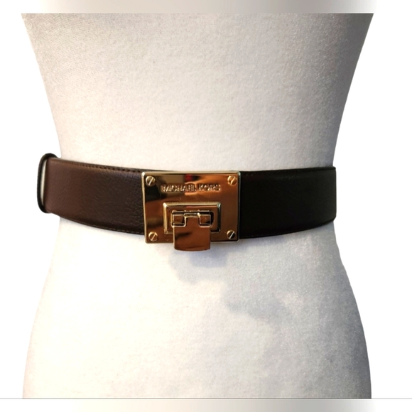 Michael Kors Brown Leather Belt with Gold Buckle Adjustable - Picture 1 of 10